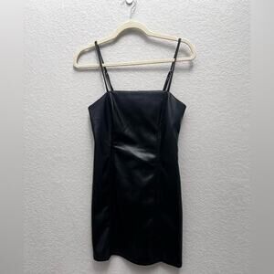 Stitch and Pine Faux Leather Mini Dress Black Size M Square Neck Spaghetti Strap